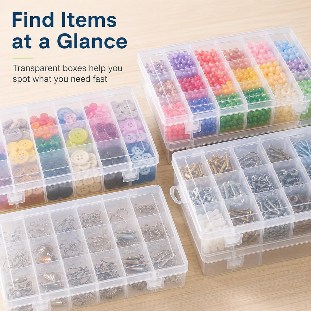 APACALI 6 Pack Plastic Organizer Box with Dividers, 18 Grids Clear Tackle Box Organizer, Adjustable Compartment Storage Boxes for Beads, Jewelry, Crafts, Fishing Lures, Screws and Small Parts