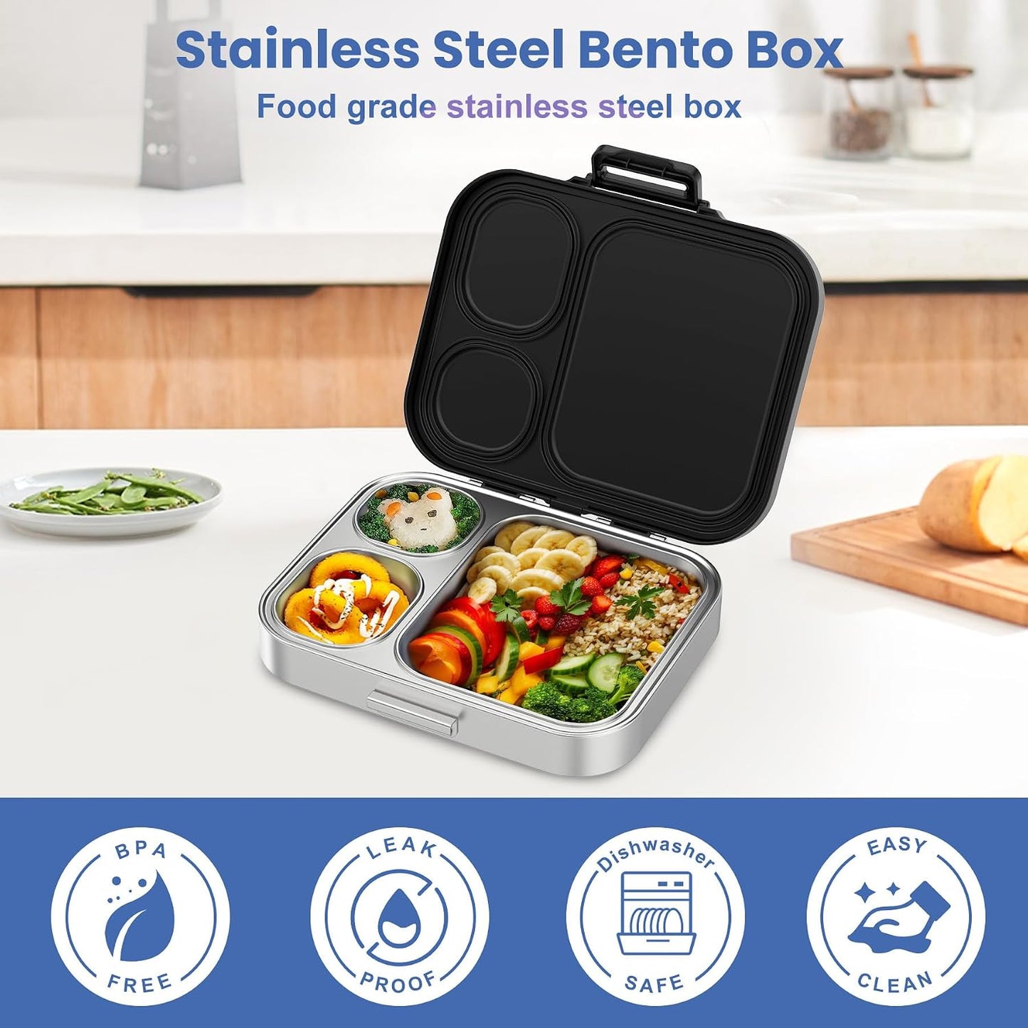 Pawtong Stainless Steel Bento Lunch Box for Kids | 3-Compartment Lunch Box Container Kids | 100% Leakproof, Eco-Friendly, Perfect Portion Control for Kids&Adult Healthy Meals (Purple)