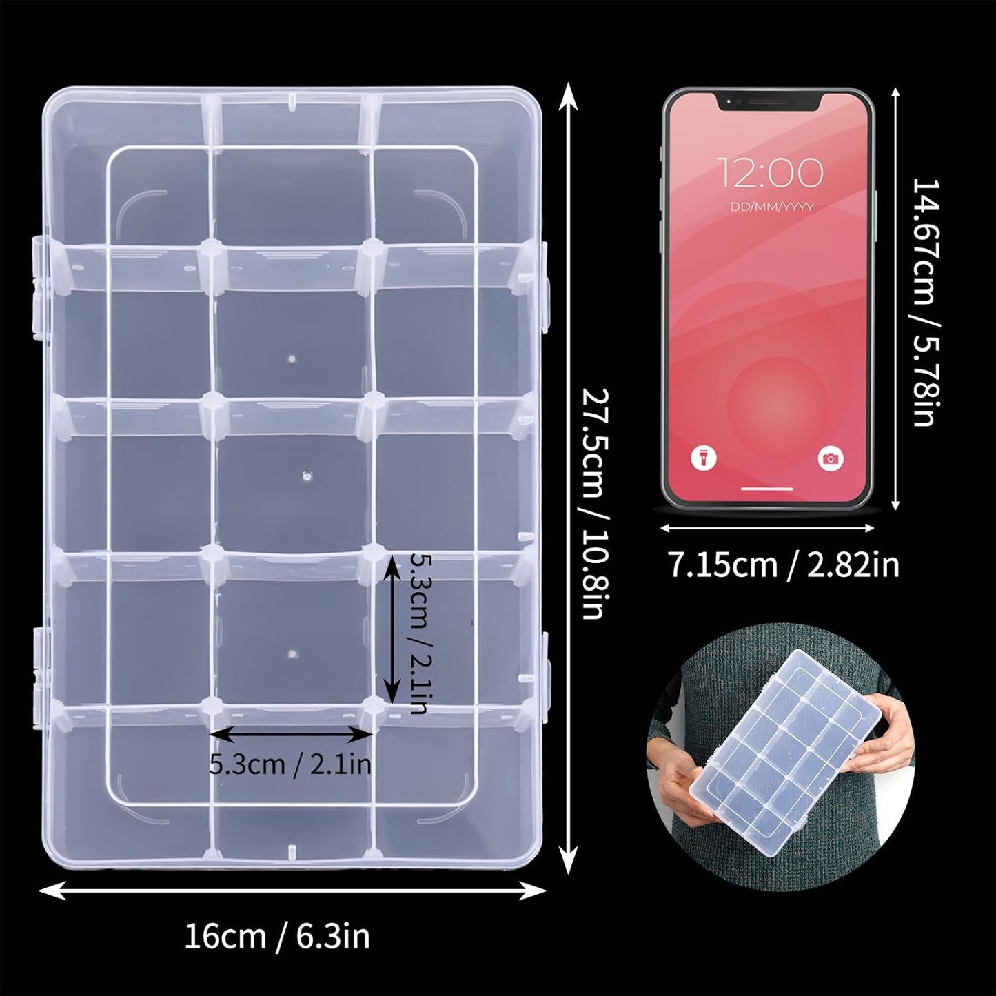 SGHUO 3 Pack 15 Grids Large Plastic Storage Organizer Box,15 Compartments with Dividers for Tackle Box, Beads, Washi Tape, Ribbon, Crafts, Art Supply 10.9X6.5X2.2inch