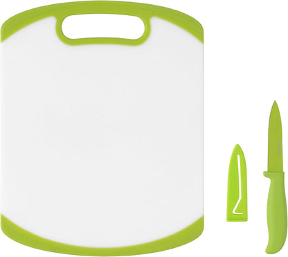 Farberware 2-Piece Paring Knife and Cutting Board Set, 3.5-Inch Paring Knife with Resin Coating and Custom-Fit Blade Cover and Non-Slip Plastic Chopping Board, Dishwasher-Safe Set, White/Blue