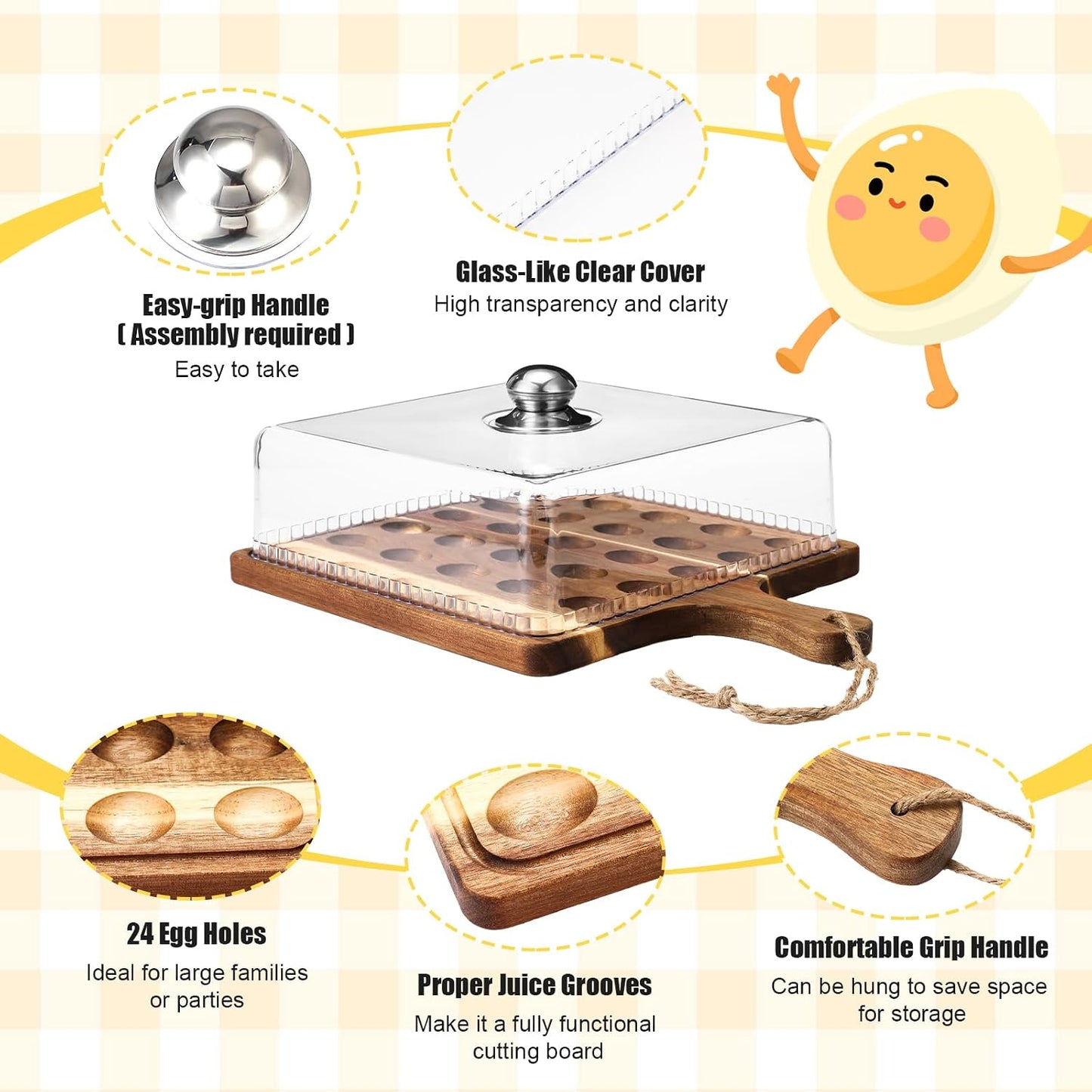 Vercraft Easter Wooden Deviled Egg Platter with Lid and Handle 30 Holes Round Deviled Egg Tray Reversible Charcuterie Board Wooden Serving Tray Containers Holder for Countertop Easter(Bamboo)