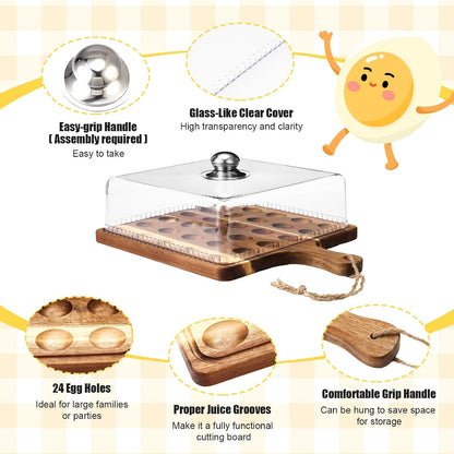 Vercraft Easter Wooden Deviled Egg Platter with Lid and Handle 30 Holes Round Deviled Egg Tray Reversible Charcuterie Board Wooden Serving Tray Containers Holder for Countertop Easter(Bamboo)