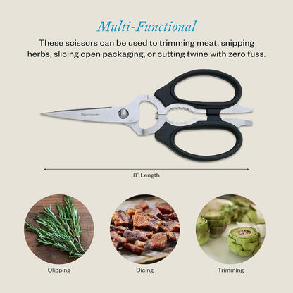 Messermeister 8-Inch Take-Apart Kitchen Scissors, Black - Includes Screwdriver, Nut Cracker, Jar Lid Opener/Gripper, Bottle Opener & Bone + Twig Cutter - Suitable for Lefties & Righties