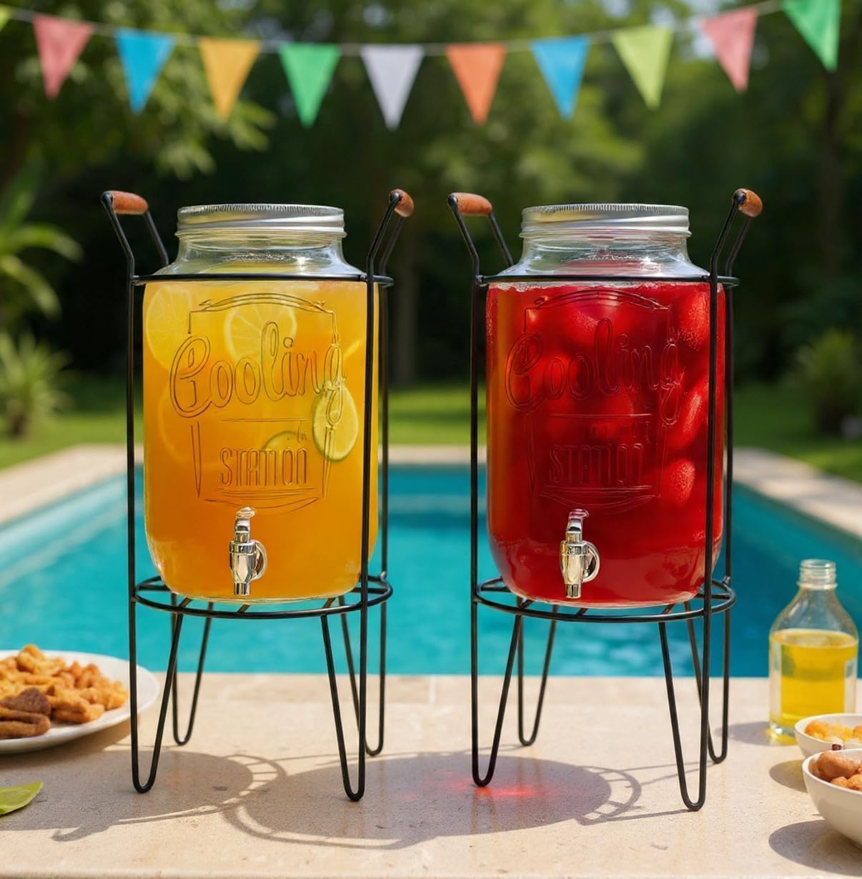 3 Gallon Classic Ice Cold Clear Glass Mason Jug Drink Beverage Dispenser Durable On Galvanized Stand With Leak Free Spigot-Easy Filling For Outdoor, Parties & Daily Use Lid