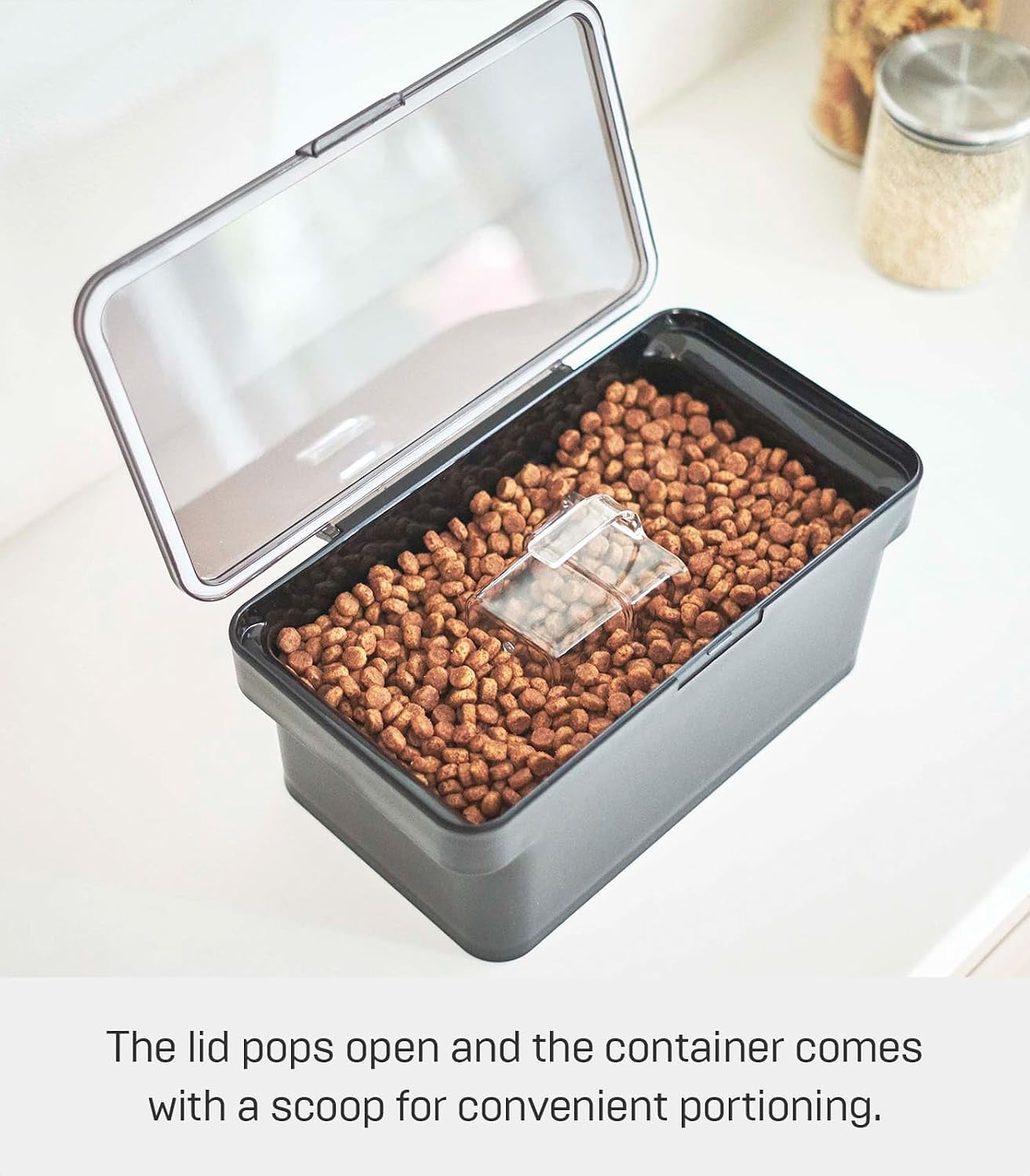 YAMAZAKI Home Tower Airtight Pet Food Storage Container - Cat And Dog Food Holder Bin With Transparent Lid And Handle - Extra Large - Polypropylene - 6.6 Gallons, 25 Liters