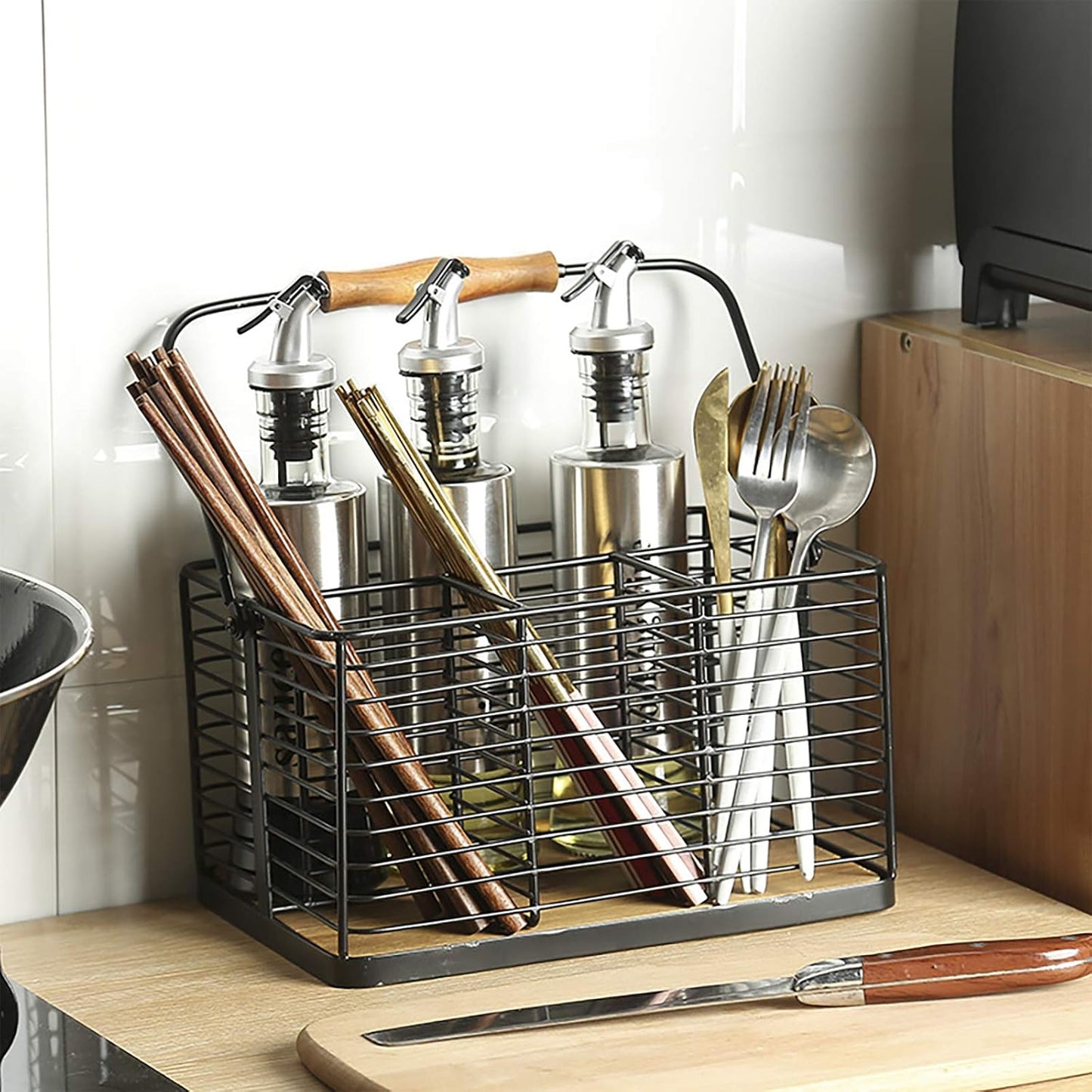 VANRA Utensil Holder Kitchen Condiment Organizer Utensil Caddy Storage Basket Organizer Metal Flatware Caddy with Wood Handle, Black