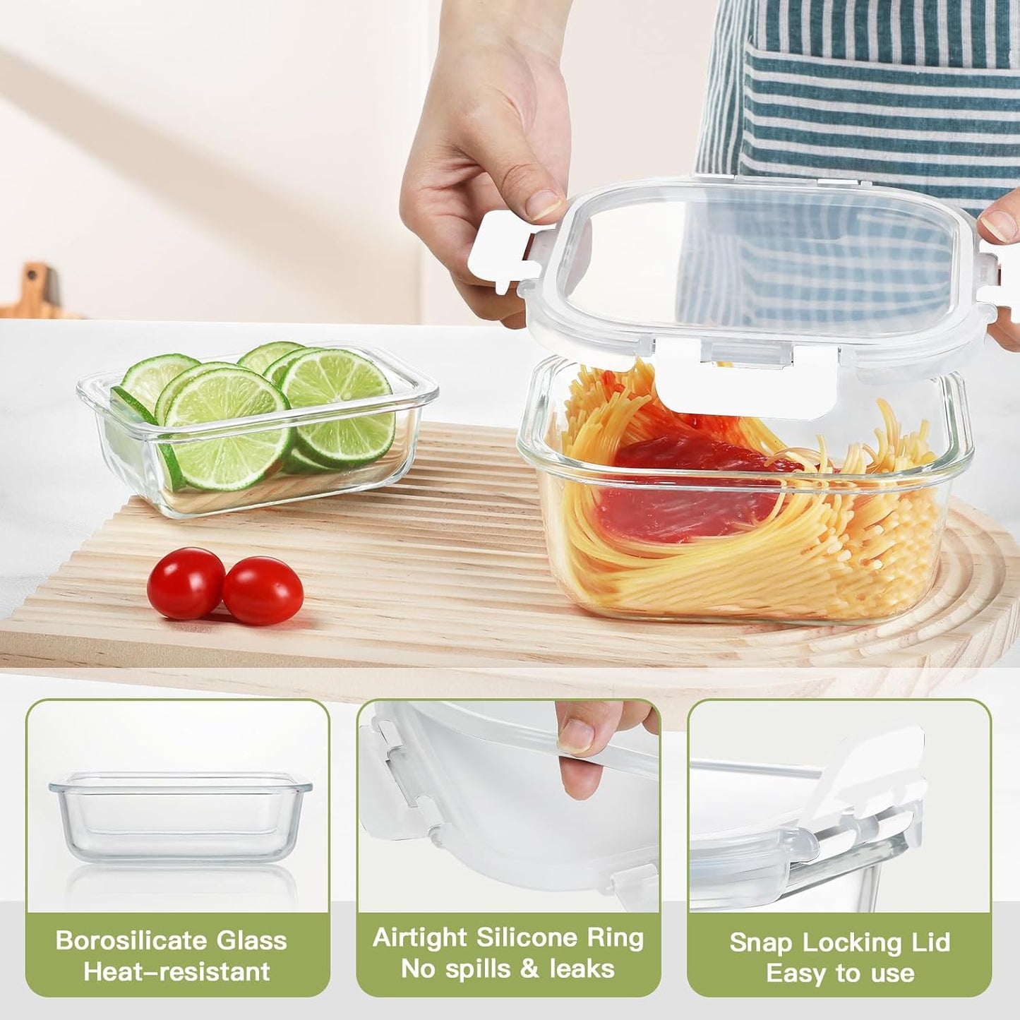 BAYZZ 24 Piece Glass Food Storage Containers with Lids, Airtight Glass Meal Prep Containers for Kitchen, BPA-Free Lunch Box, Microwave and Freezer Safe
