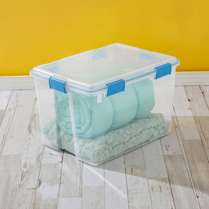 Sterilite 80 Qt Gasket Box, Stackable Storage Bin with Latching Lid and Tight Seal, Plastic Container to Organize Basement, Clear Base and Lid, 1-Pack