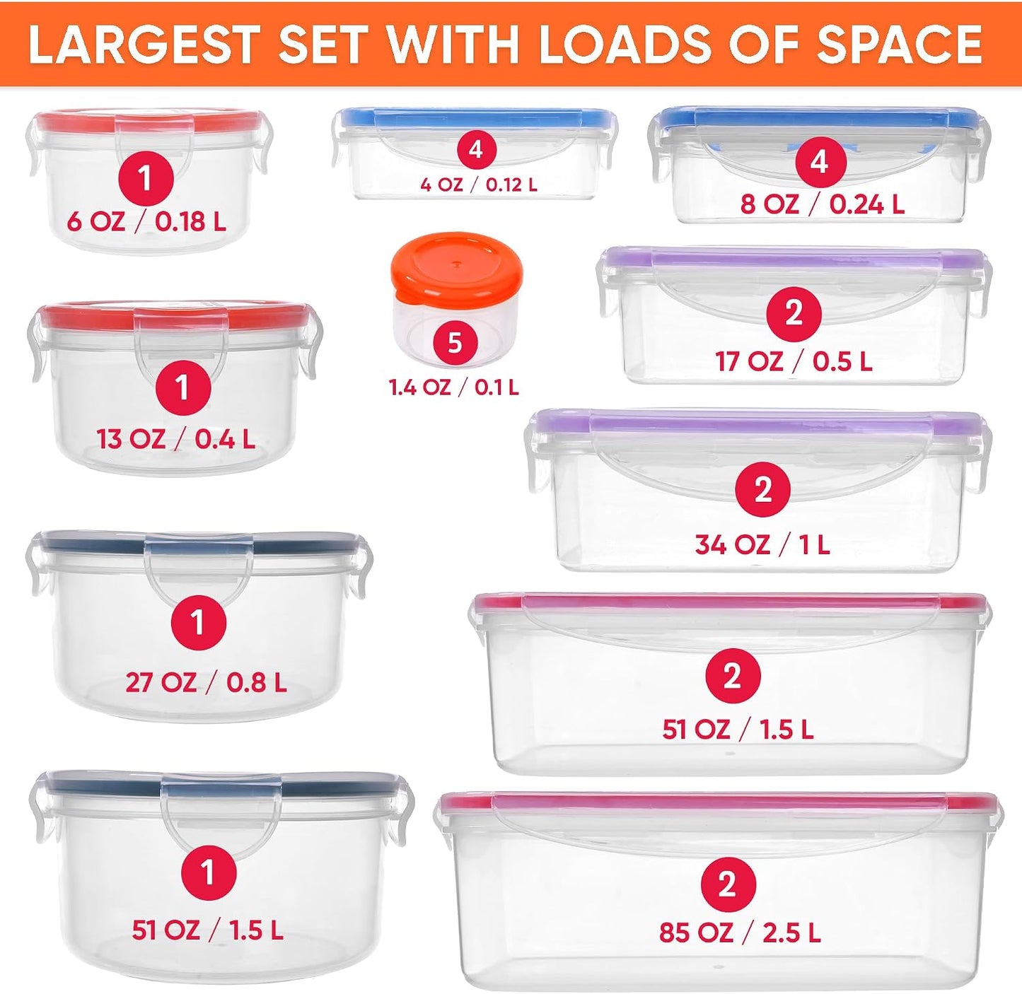 70 Pcs Large Food Storage Containers with Lids Airtight-2500ML to Small Box,Total 22812 ML Stackable Kitchen Bowls Set(35 Containers,35 Lids)-BPA Free Leak proof Plastic Boxes-Microwave safe