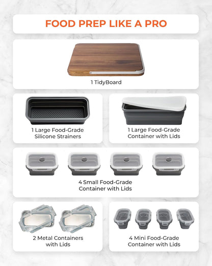 TidyBoard Meal Prep System Starter - Over-the-Sink Smart Chopping Board with 1 Large Strainer, Tubs, & Lids - 1” Thick Acacia Wood Cutting Board with Containers & Strainer, 12 pieces
