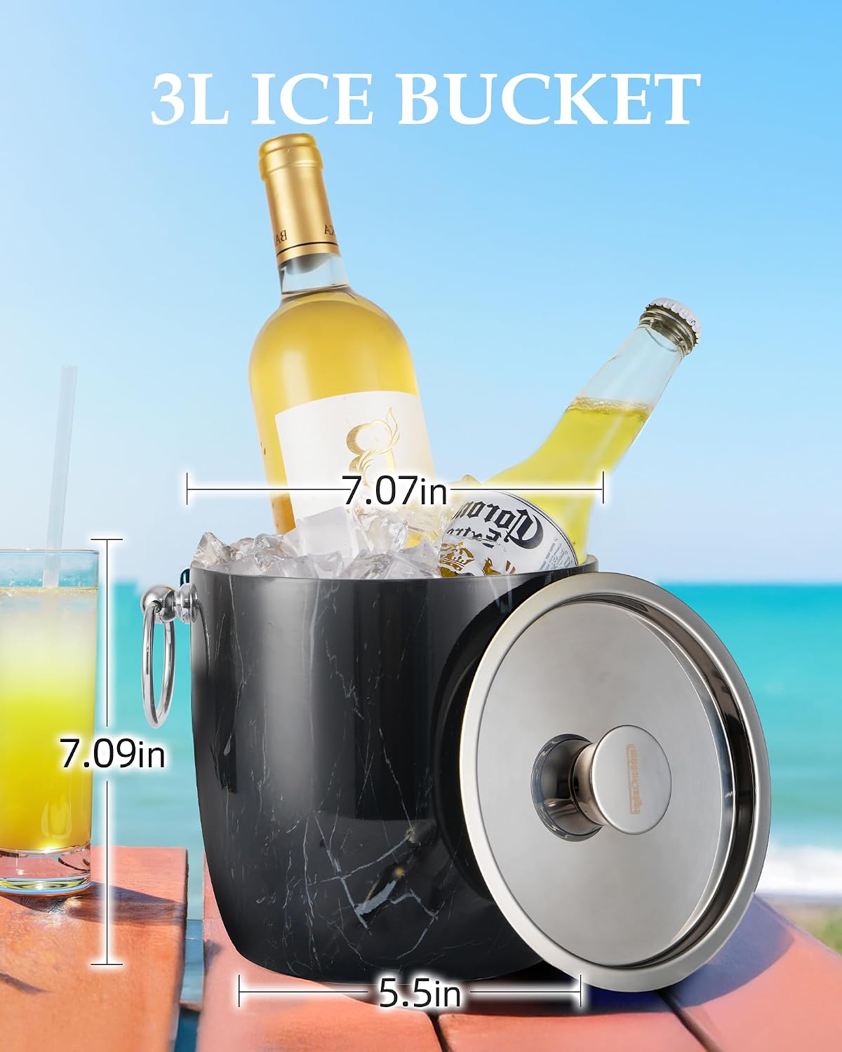 Insulated Ice Bucket, 3L Double Wall Stainless Steel Ice Bucket with Tongs,Lid, Scoop and Strainer, Ice Buckets for Parties,Cocktail Bars, Chilling Beer, Champagne, Wine Bottles