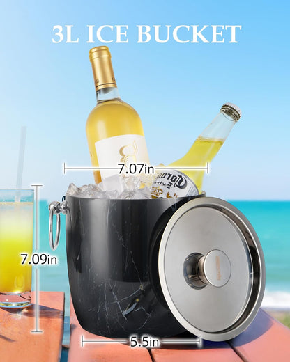 Insulated Ice Bucket, 3L Double Wall Stainless Steel Ice Bucket with Tongs,Lid, Scoop and Strainer, Ice Buckets for Parties,Cocktail Bars, Chilling Beer, Champagne, Wine Bottles