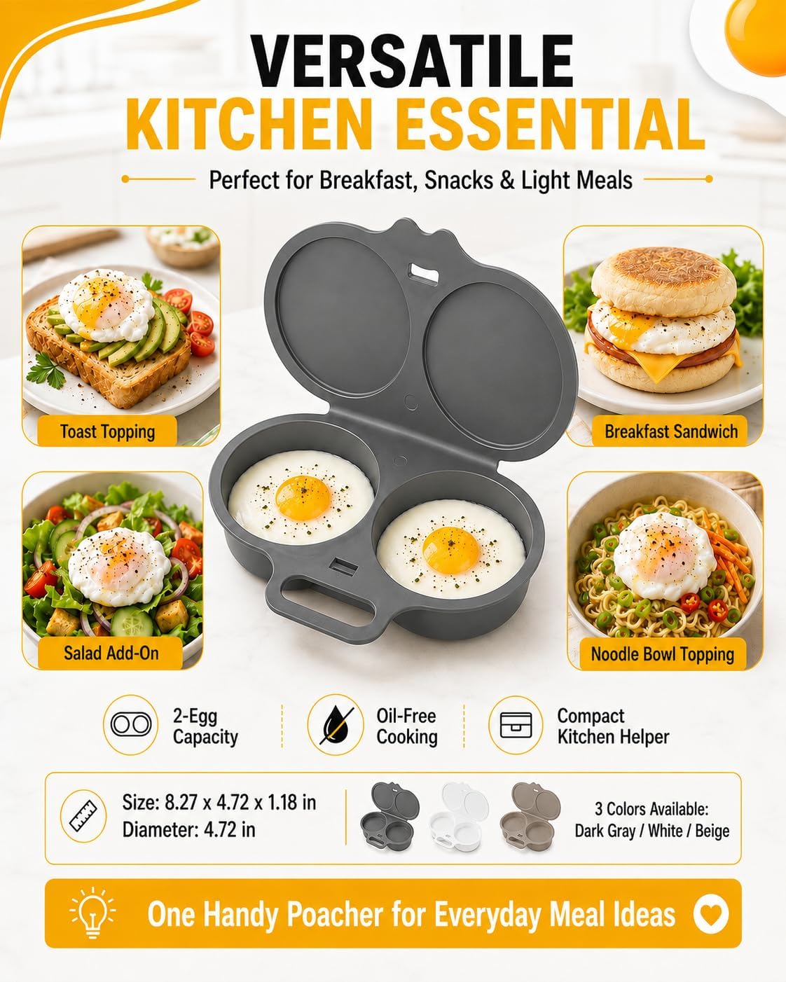 Microwave Egg Poacher, 2 Egg Cooker with Lid, Dual Cavity Design, Black