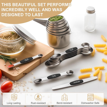 EWFEN Measuring Cups and Spoons Set, 7 Stainless Steel Nesting Measuring Cups & 7 Spoons, 5 Mini Measuring Spoons & 2 Detachable Rings, Kitchen Gadgets for Cooking & Baking, Round