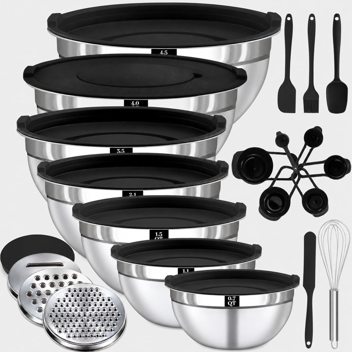 21PCS Mixing Bowls with Lids Set - 7 Nesting Mixing Bowls, 3 Graters, 11 Baking Tools, Lids, Stainless Steel Mixing Bowls for Mixing & Baking, Size 0.7/1.1/1.5/2.1/3.5/4/4.5 QT, Black