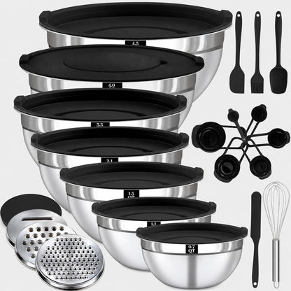 21PCS Mixing Bowls with Lids Set - 7 Nesting Mixing Bowls, 3 Graters, 11 Baking Tools, Lids, Stainless Steel Mixing Bowls for Mixing & Baking, Size 0.7/1.1/1.5/2.1/3.5/4/4.5 QT, Black