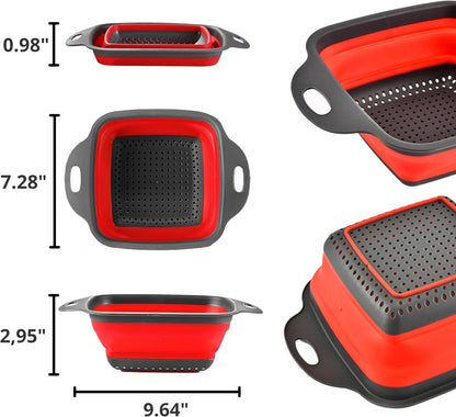 3PCS Green Foldable Kitchen Strainer Set – Silicone Colander Collapsible Strainers and Colanders Green Collander for Kitchen Collapsible Compact Drain Tools for Cooking Prep