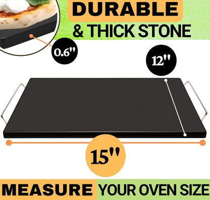 Pizza Stone for Oven and Grill Set - 5PCS Pizza Making Accessories Kit - 15 inch Pizza Stone with Handles, Pizza Peel, Pizza Cutter, Dough Tool - Baking Stone for Bread - Large Rectangular Oven Stones