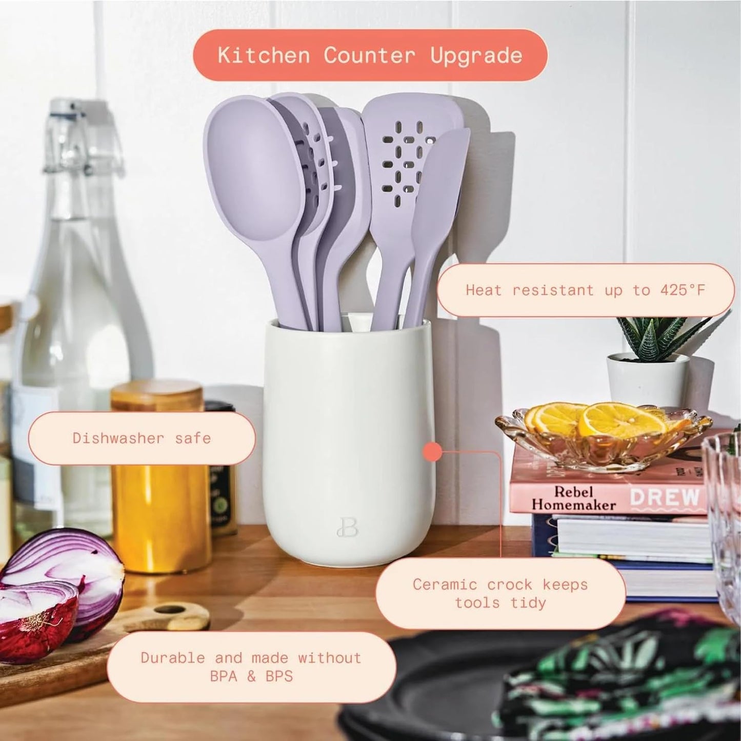 6 Piece Silicone Kitchen Utensil Set with Holder, Heat Resistant Cooking Tools, Nonstick Safe Spatula Spoon Turner Set with Ceramic Storage Crock