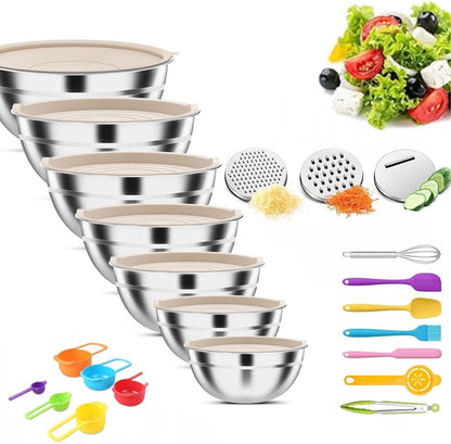 Mixing Bowls with Lids Set, Stainless Steel, 7 Sizes (0.7-4.5QT), with 3 Grater Attachments, Nesting, Dishwasher Safe, for Cooking, Baking and Serving (Khaki-7 Sizes)