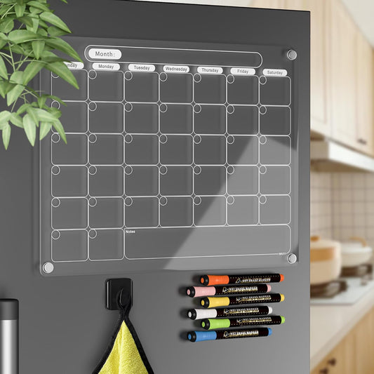 Acrylic Magnetic Dry Erase Calendar for Fridge Clear Monthly Whiteboard Planner Erasable Planning Board White 16" x 12" w/ 6 Color Wet Erase Marker