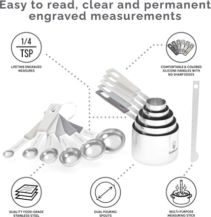 CuttleLab Measuring Cups and Measuring Spoons Set of 14 - Stainless Steel Measuring Cups and Spoons Set, Includes 1/8 Teaspoon Measuring Spoon, 1/8 Cup Measuring Cup, Leveler Dry (14, Country Chic)