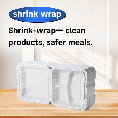 Food Containers 7.8" 30 oz 65 Pack - BPA Free Mineral Filled PP Plastic | 3 Compartment Shrink Wrap Clamshell Stackable | Reusable Freezer & Microwave Safe | White Commercial Takeout Boxes