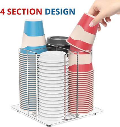 KOTEMON Cup and Lid Holder, 4 Compartment, Square | Rotating Coffee Cup Dispenser Lid Carousel for Restaurant, Buffet, Coffee Station, Bar, Countertop, Clear Acrylic