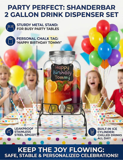 2 Gallon Glass Drink Dispenser with Stand, Ice Cylinder,Stainless Steel Leakproof Spigot and Lid,Glass Beverage Dispenser for Parties,Mason Jar Drink Dispenser for Juice,Sun Tea,Water,Lemonade & More