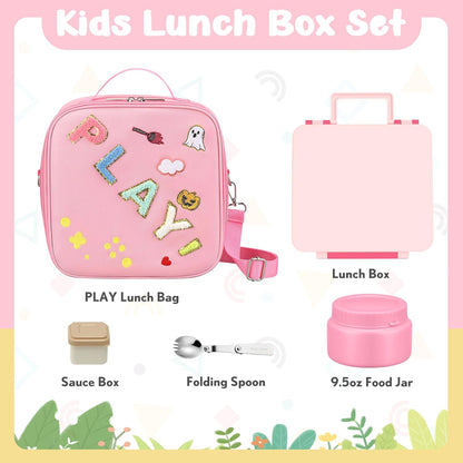Kids Bento Lunch Box with Thermo, Include 9oz Soup Thermo, Kids Leakproof Lunch Box with 4 Compartment, Insulated Lunch Bag for Girls Boys to School Travel
