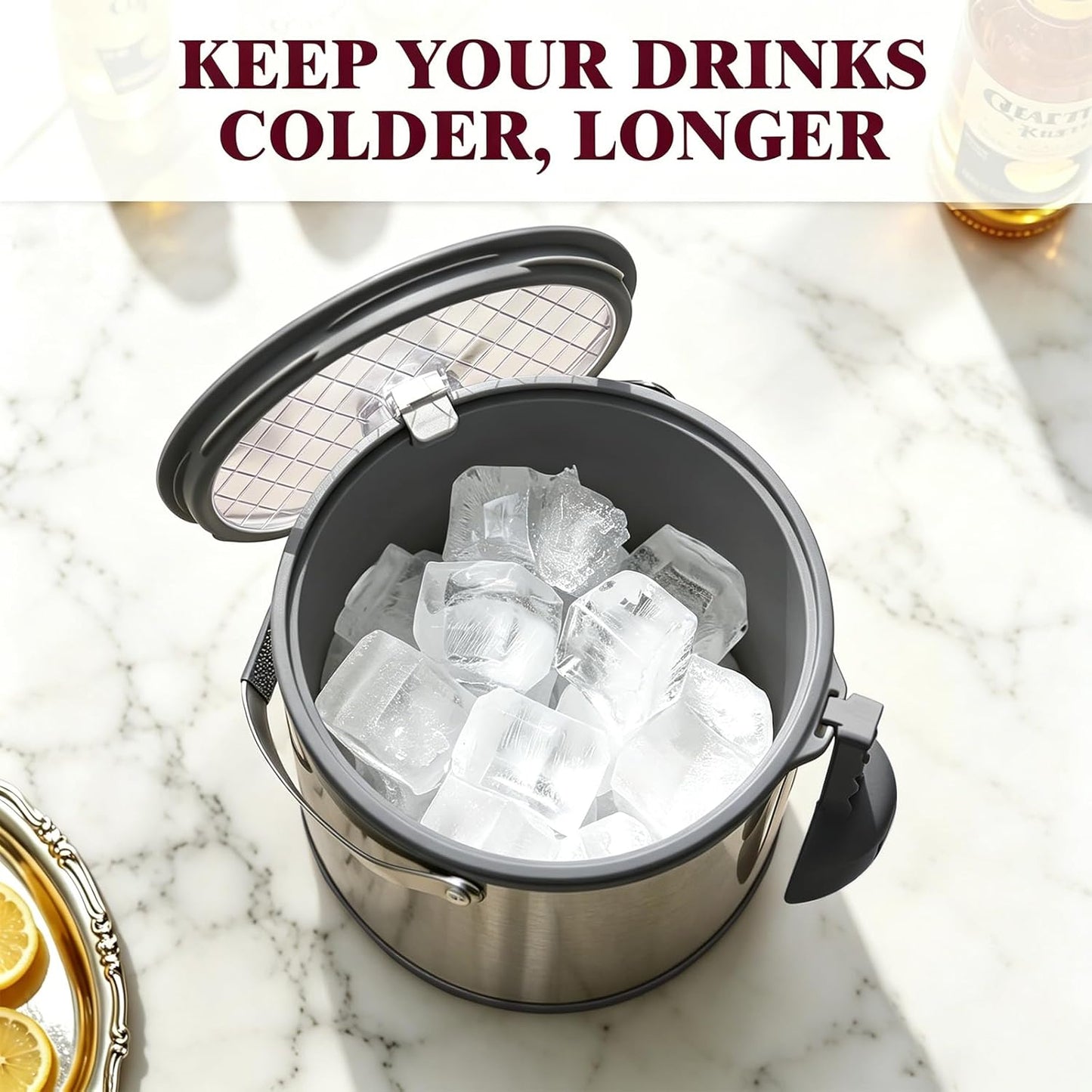 6.8L/7QT Insulated Ice Bucket with Lid & Scoop,Double-Wall Ice Bucket for Parties,Cocktail Bar(White)