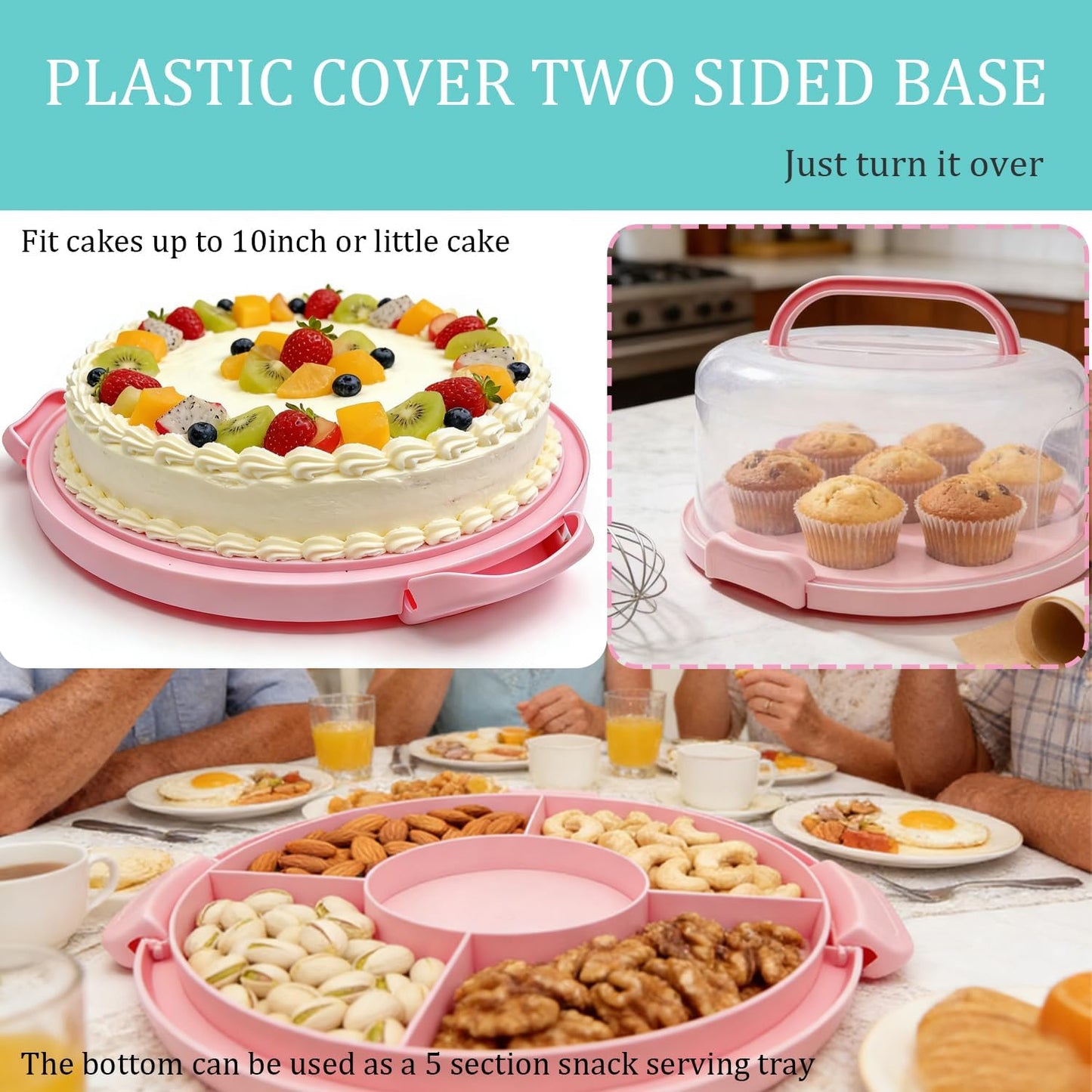 GIEHOUGRIO 10 inch Cake Carrier with Lid and Handle, 3 in 1 Multipurpose Plastic Cupcake Holder & Plastic Cover Two Sided Base for New Year, Christmas, Party, Various Holidays- Easy Transport (Pink)