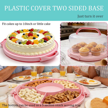 GIEHOUGRIO 10 inch Cake Carrier with Lid and Handle, 3 in 1 Multipurpose Plastic Cupcake Holder & Plastic Cover Two Sided Base for New Year, Christmas, Party, Various Holidays- Easy Transport (Pink)