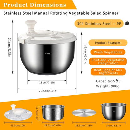 Large Salad Spinner Stainless Steel – 6L Metal Salad Spinner with PP Cover, Perfect for Dehydrating Lettuce, Vegetables, Fruits, Pasta, and Homemade French Fries