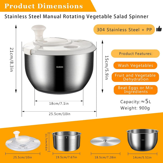 Large Salad Spinner Stainless Steel – 6L Metal Salad Spinner with PP Cover, Perfect for Dehydrating Lettuce, Vegetables, Fruits, Pasta, and Homemade French Fries