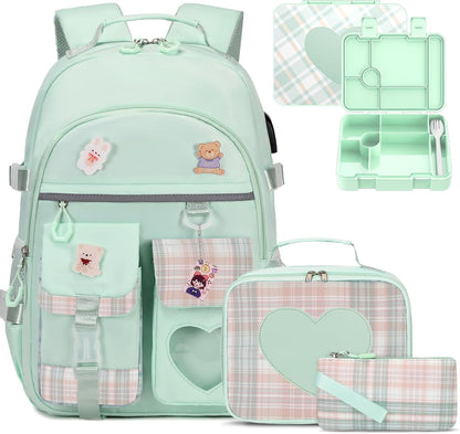 ACESAK Girls Backpack - Bento Box with Insulated Lunch Bag Pencil Case & Utensils Set for Kids, 6 Leakproof Compartments Removable Tray Lunches or Snack Container for School (Green)