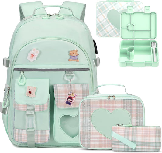 ACESAK Girls Backpack - Bento Box with Insulated Lunch Bag Pencil Case & Utensils Set for Kids, 6 Leakproof Compartments Removable Tray Lunches or Snack Container for School (Green)