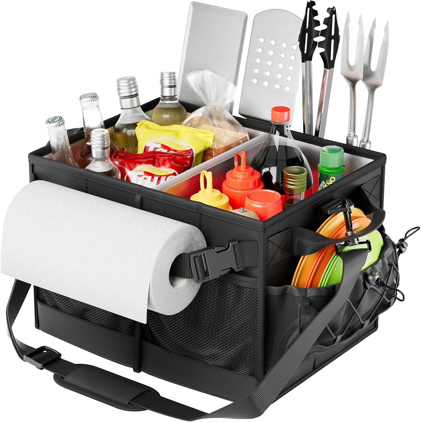 Lorbro Grill Caddy, BBQ Caddy with Paper Towel Holder, Portable Picnic Basket for Utensil and Condiment, Barbecue Grilling Tool Accessories Storage Organizer for Outdoor Griddle, Tailgate, Camping, RV