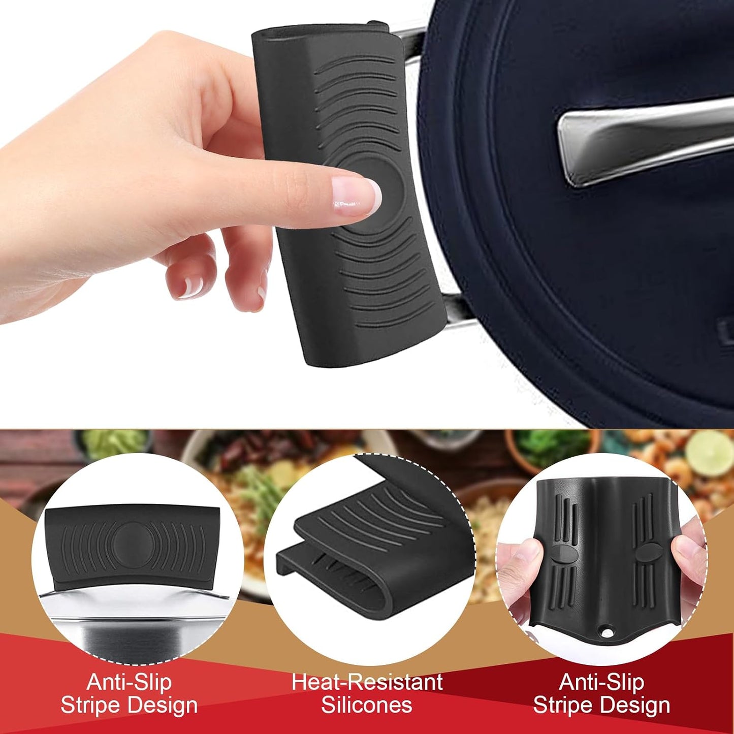 4 Pack Silicone Hot Skillet Handle Holder and Pot Holders Cover Sleeve, Heat Resistant Cast Iron Potholder Protectors Grip, Anti-Spill Non-Slip Cookware Handles for Pans,Oven (Black)