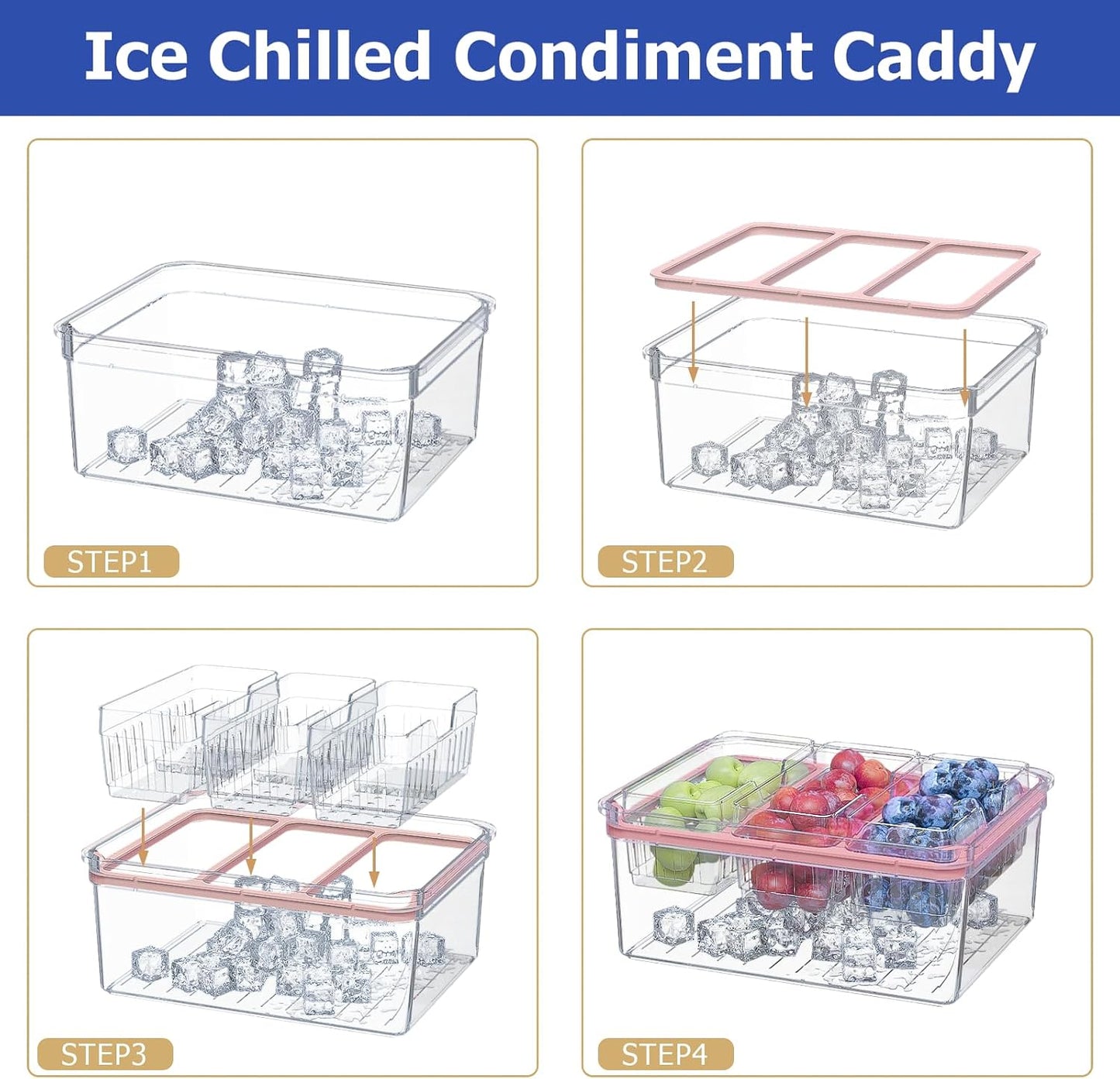 Sorgion Ice Chilled Condiment Caddy with Portable Handle, 5 Compartment Serving Tray with Built-in Bread Slicer and Ice Chamber, Clear Garnish Tray for Bar, Taco Party, BBQ, Picnic & Fruit Pink