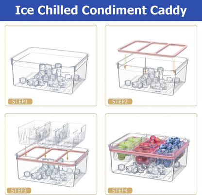 Sorgion Ice Chilled Condiment Caddy with Portable Handle, 5 Compartment Serving Tray with Built-in Bread Slicer and Ice Chamber, Clear Garnish Tray for Bar, Taco Party, BBQ, Picnic & Fruit Pink