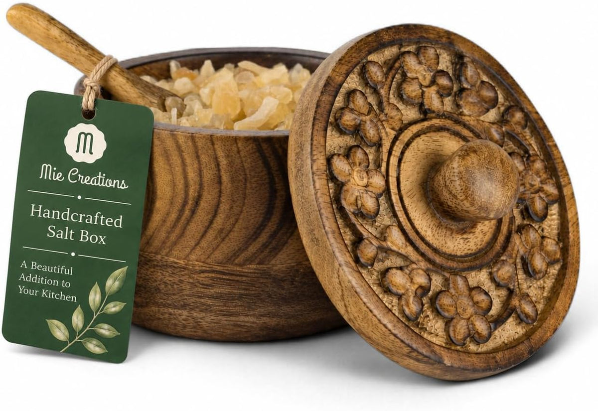 Mie Creations Rustic Salt Box Cellar with Lid & Spoon, Mango Wood Floral