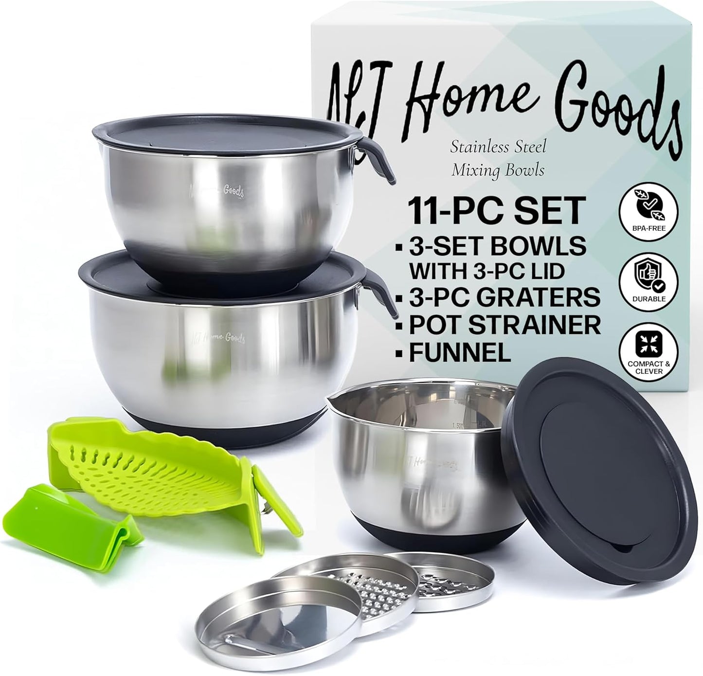 Homeware Stainless Steel Mixing Bowl With Lids Set Handles for Holidays: Gift Set For Kitchen With Pour Spout Non Slip Silicone Base On Bowls Strainer Graters For Kitchen