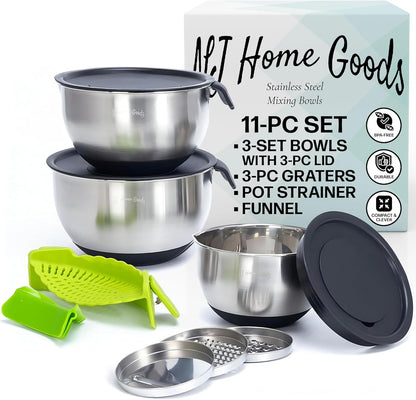 Homeware Stainless Steel Mixing Bowl With Lids Set Handles for Holidays: Gift Set For Kitchen With Pour Spout Non Slip Silicone Base On Bowls Strainer Graters For Kitchen