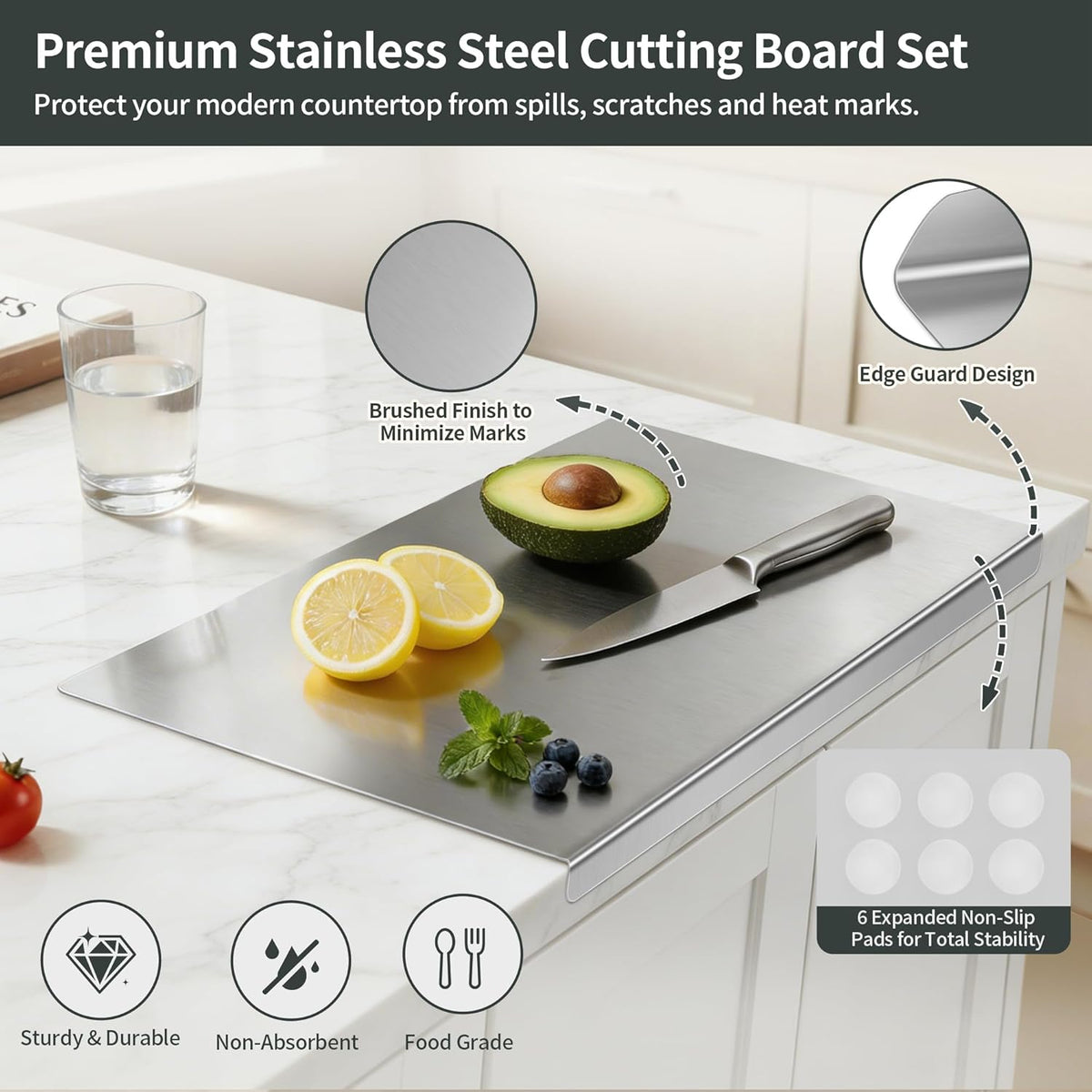 Stainless Steel Cutting Board Set for Kitchen, 2 Pack Metal Cutting Board with Counter Lip Dishwasher Safe Chopping Board for Meat, Vegetables, Fruits, Bread, Kneading (40 x 30cm/ 16 x 12 in)
