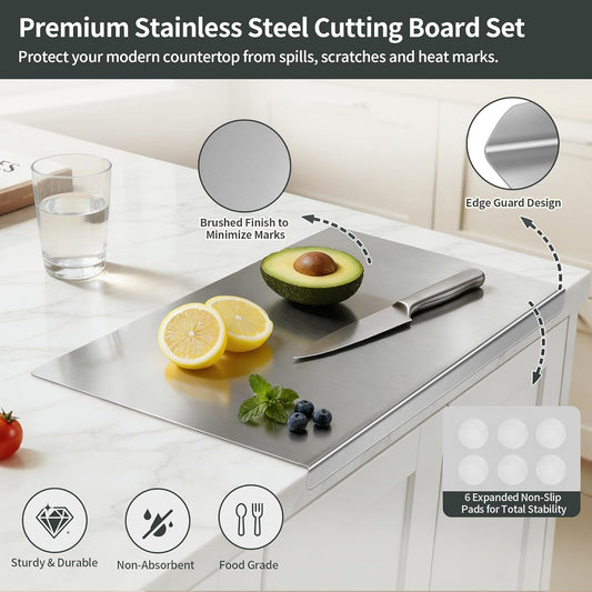 Stainless Steel Cutting Board Set for Kitchen, 2 Pack Metal Cutting Board with Counter Lip Dishwasher Safe Chopping Board for Meat, Vegetables, Fruits, Bread, Kneading (40 x 30cm/ 16 x 12 in)