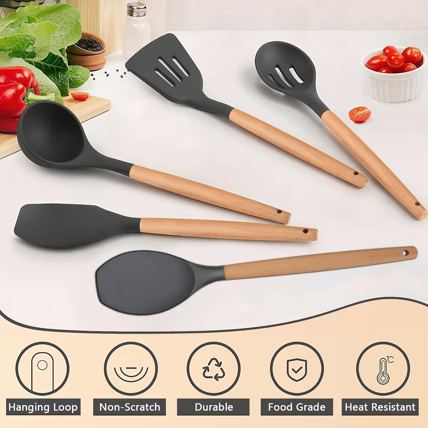 Kitchen Cooking Utensils Set, 6Pcs Silicone Kitchen Utensils Set Spatula Spoon Soup Ladle Turner, Heat Resistant Wooden Handle Silicone Cooking Gadgets for Nonstick Cookware & Baking BPA FREE
