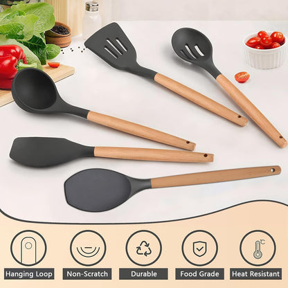 Kitchen Cooking Utensils Set, 6Pcs Silicone Kitchen Utensils Set Spatula Spoon Soup Ladle Turner, Heat Resistant Wooden Handle Silicone Cooking Gadgets for Nonstick Cookware & Baking BPA FREE