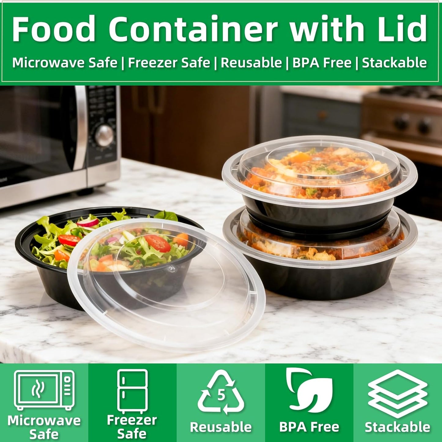 Meal Prep Containers Reusable 10 Pack-28 oz Food Storage Containers with Lids To Go Food Containers Takeout, Microwave Dishwasher Freezer Safe, Stackable, BPA Free, Plastic (Black)
