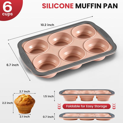 Silicone Muffin Pan for Baking with Metal Reinforced Frame - 6 Cups Regular Size Cupcake Pan Muffin Tins Egg Bite Molds - Nonstick, Easy to Pop, Bakeware for Oven, BPA Free (6-Cups Red)